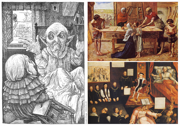  Left: Henry Holiday's depiction of the Baker's uncle (in Lewis Carroll's The Hunting of the Snark, 1876) with some of the Baker's 42 boxes outside of the window. Right top: John Everett Milais: Christ in the House of his Parents (aka The Carpenter's Shop, 1850, Pre-Raphaelite) with a flock of sheep outside of the window symbolizing the the laity). Right bottom: Edward VI and the Pope: An Allegory of Reformation (mirrored view, 16th century) with a violence scene of the reformation depicted outside of the window. Thomas Cranmer is second from left under the window. I think, Millais quoted from the 16th century painting: The red flower in Millais' window corresponds to a mutilated body visible through window in the 16th century painting. And Holiday (who perhaps understood Millais' quotes) quoted from Millais' painting as well as from the 16th century painting.