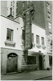 The Stonewall Inn, taken September 1969. The sign in the window reads: "We homosexuals plead with our people to please help maintain peaceful and quiet conduct on the streets of the Village—Mattachine".<ref>Carter, p. 143.</ref>