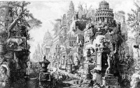 The late Baroque works of Claude Lorrain and Salvatore Rosa had featured romantic and fantastic depictions of ruins; in part as a memento mori or as a reminiscence of a golden age of architecture. Piranesi's reproductions (see right) of real and fictitious Roman ruins were a strong influence on Neoclassicism. 