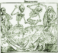 Images depicted in Les Diableries appear to have been inspired by medieval danse macabre imagery such as this. Illustration: Dance of Death (1493) by Michael Wolgemut