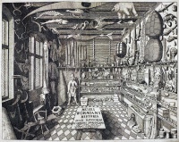 "Musei Wormiani Historia", the frontispiece from the Museum Wormianum depicting Ole Worm's cabinet of curiosities