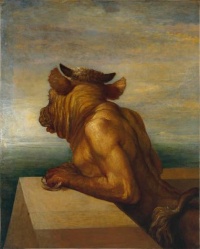  In Greek mythology, the Minotaur was a creature that was half-man and half bull. It dwelt in the Labyrinth, which was an elaborate maze constructed by King Minos of Crete and designed by the architect Daedalus to hold the Minotaur. The Minotaur was eventually killed by Theseus. Illustration: The Minotaur (1885) by George Frederic Watts