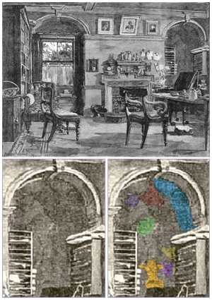 Alfred Parsons' depiction of Charles Darwin's Study, engraved by J. Tynan, signed in August 1882, published in the Century Magazine, 1883. This picture shows, that even the depiction of a real world object can be used by the artist for hiding puzzles in his work creatively. (For analysis, some colors have been added in order to highlight some members of the little zoo which is hidden in Parsons' illustration.)