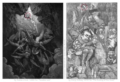 Illustration (1866) by Gustave Doré to John Milton's Paradise Lost compared to an illustration (1876) by Henry Holiday to the chapter The Beaver's Lesson in Lewis Carroll's The Hunting of the Snark.