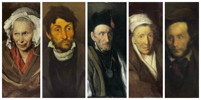 The monomanies series by Géricault (1821-24) by  Théodore Géricault. From left to right: Portrait of a Woman Suffering from Obsessive Envy, A Kleptomaniac, Military Obsessive, Monomaniac of Gambling and Monomania of Child Kidnapping