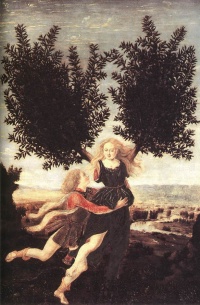 Apollo and Daphne by Antonio Pollaiuolo, one tale of transformation in the Metamorphoses—he lusts after her and she escapes him by turning into a bay laurel.