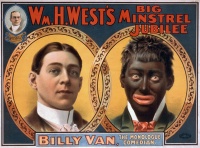 This reproduction of a 1900 minstrel show poster, originally published by the Strobridge Litho Co., shows the transformation from white to "black".