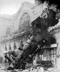 Train wreck at Montparnasse (October 22, 1895) by Studio Lévy and Sons; Technology cannot exist without the potential for accidents. For example, the invention of the locomotive also entailed the invention of derailment and French philosopoher Paul Virilio sees the accident as a negative growth of social positivism and scientific progress.