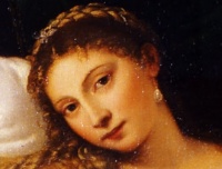 Venus of Urbino (1538; detail) by Titian. The frankness of Venus' expression is often noted; she stares straight at the viewer, unconcerned with her nudity.